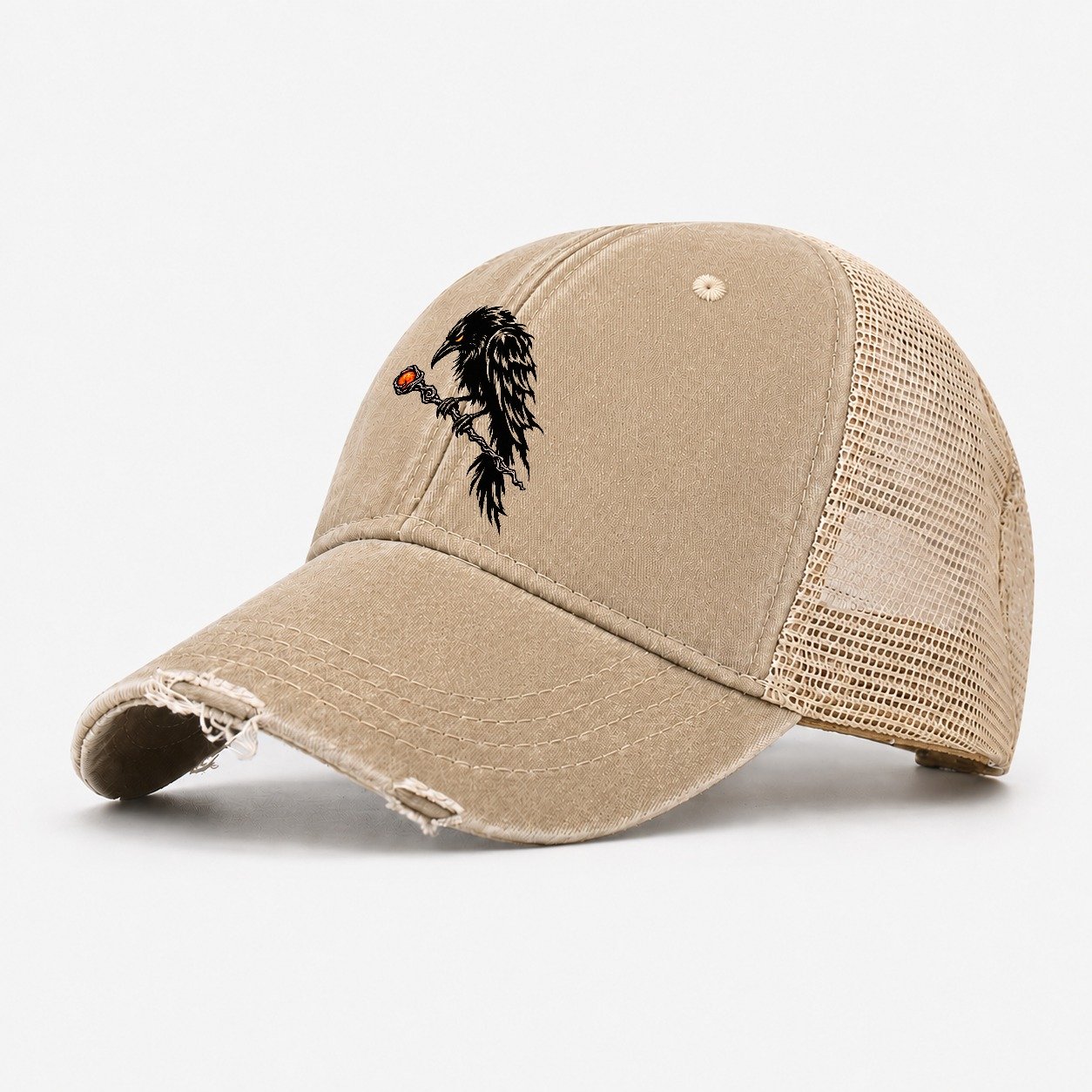 Raven Perched On A Wand Witch Magic Washed Trucker Hat – Khaki