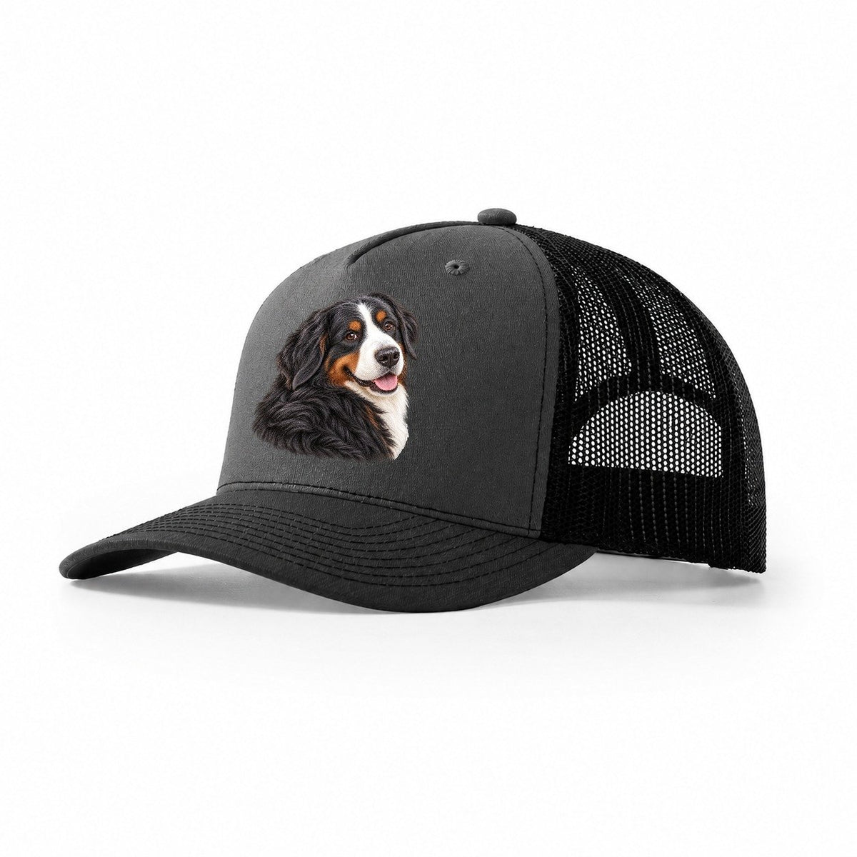Bernese Over Shoulder Welcome Pastimes Companions Trucker Hat – Dark Grey Black