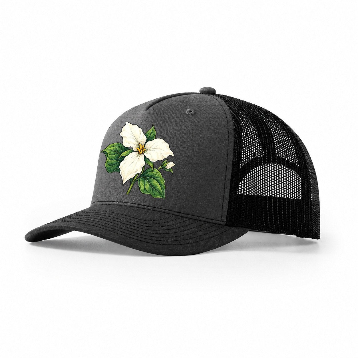 Ontario White Trillium Bloom Canada Cultural Icons Trucker Hat – Dark Grey Black
