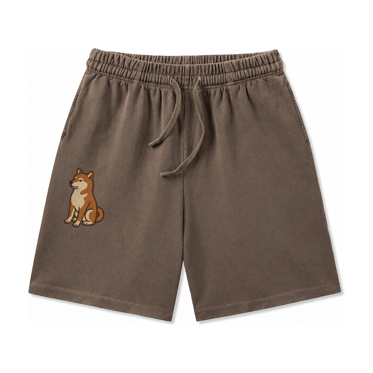 Shiba Inu Red Sesame Embroidered Sitting Pose Washed Shorts – Coffee