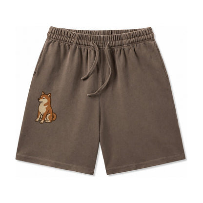 Shiba Inu Red Sesame Embroidered Sitting Pose Washed Shorts – Coffee