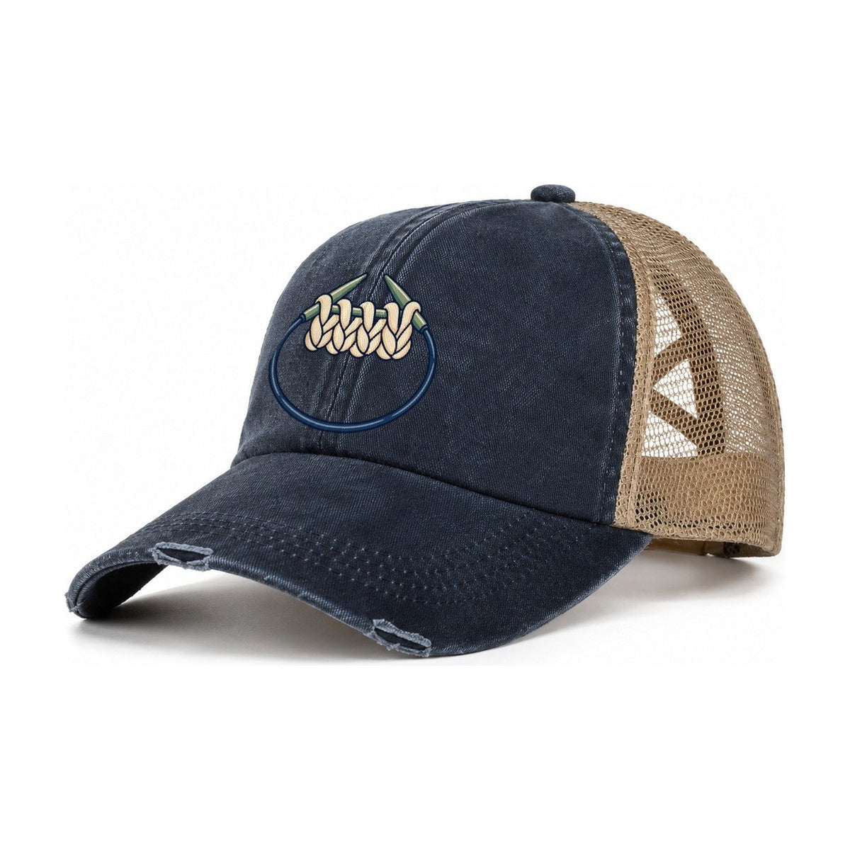 Circular Needle Loop Yarn Crafts Women's Ponytail Trucker Hat – Navy Khaki