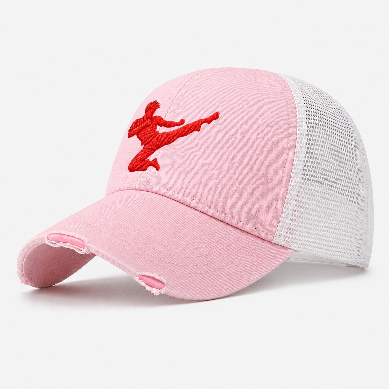 Martial Artist Flying Side Kick Micro Motion Mark Washed Trucker Hat – Light Pink