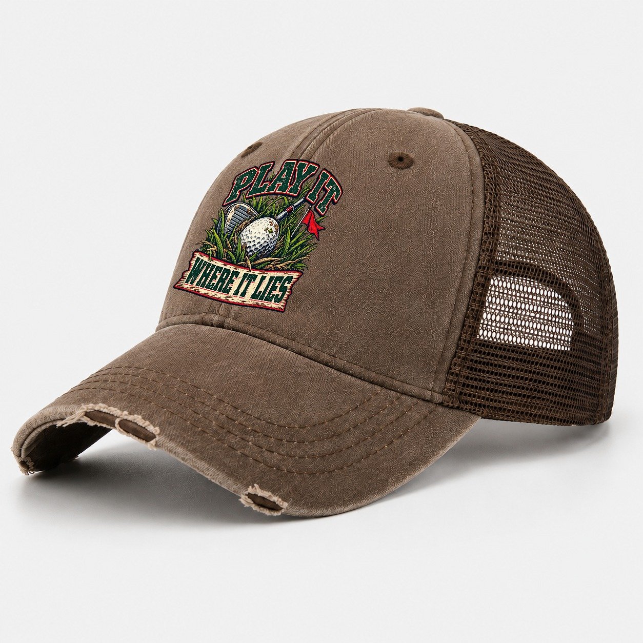 Play It Where It Lies Golf Life Washed Trucker Hat – Coffee