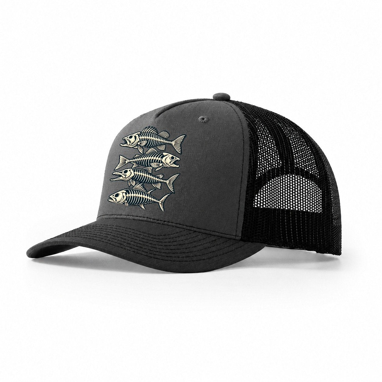 Fish Skeleton Minimal Fishing Elegant Trucker Hat – Dark Grey Black