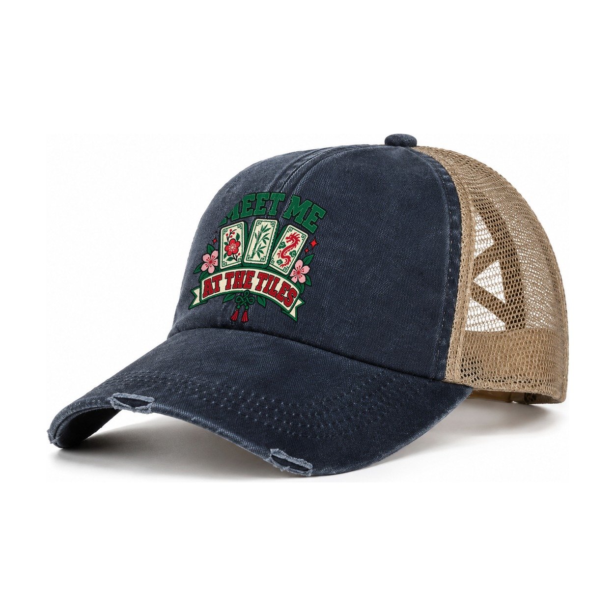 Meet Me At The Tiles Mahjong Game Night Women's Ponytail Trucker Hat – Navy Khaki