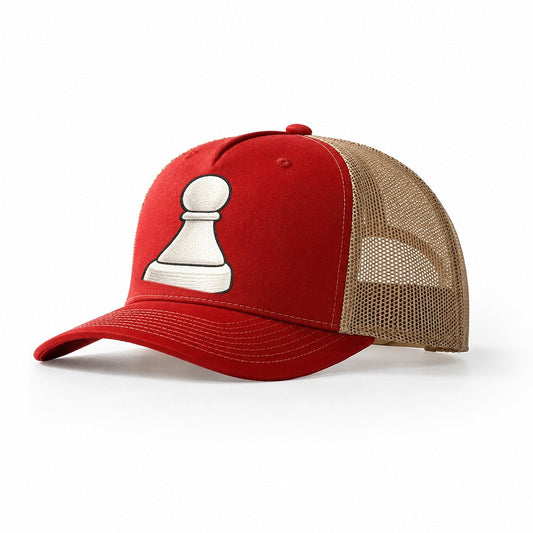Single Wooden Pawn Board Games Trucker Hat – Red Khaki