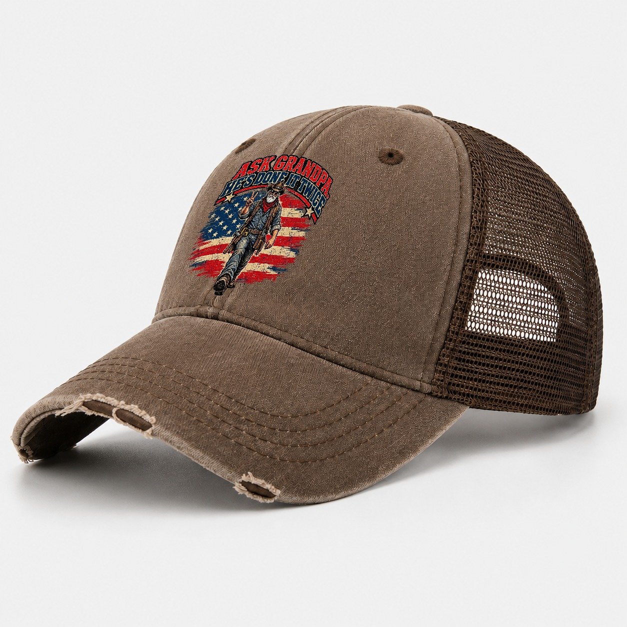 Ask Grandpa He S Done It Twice Old Man Strong Washed Trucker Hat – Coffee