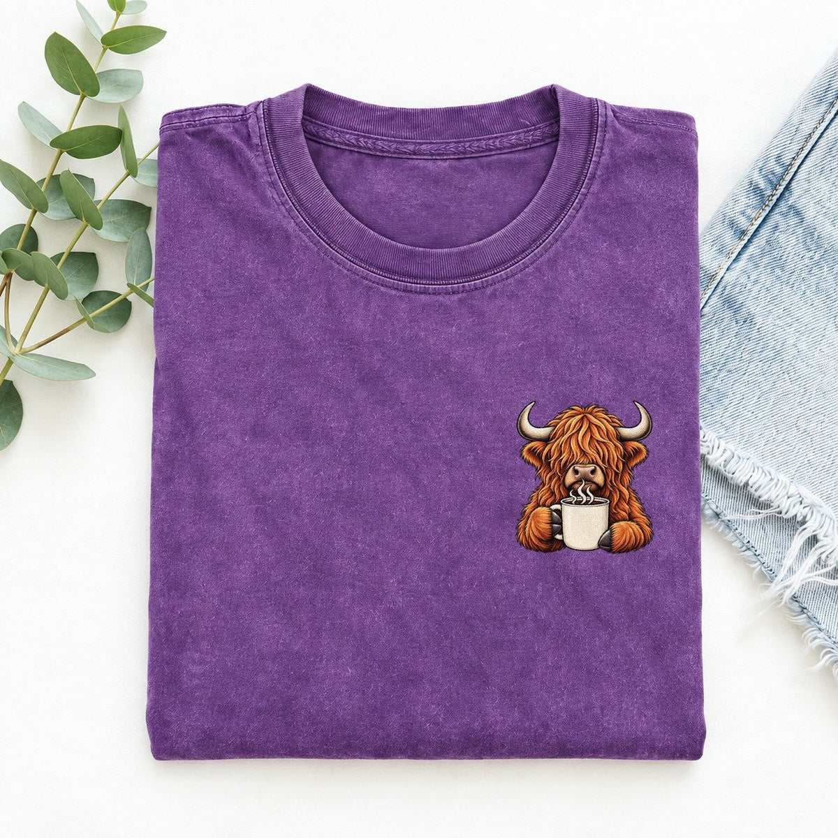 Highland Cow Coffee Left Chest Vintage T-shirt – Purple
