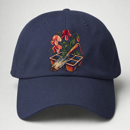 Garden Trowel Seed Tray And Sweet Peas Uk Culture Heritage Baseball Cap – Twilight Navy