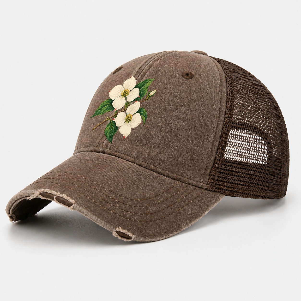 British Columbia Pacific Dogwood Bloom Canada Cultural Icons Washed Trucker Hat – Coffee
