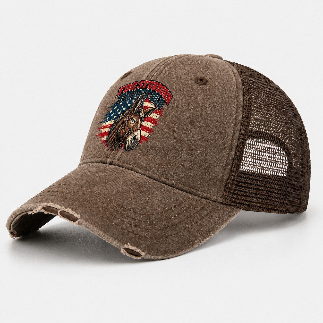 Too Stubborn To Get Old Old Man Strong Washed Trucker Hat – Coffee