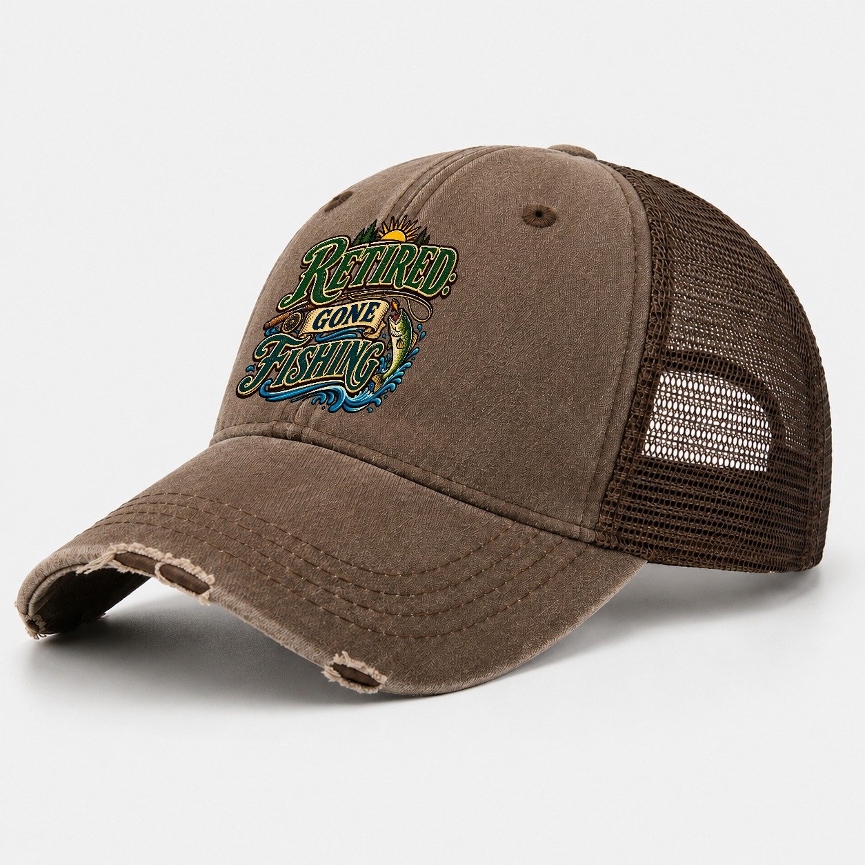 Retired Gone Fishing Retired Living Washed Trucker Hat – Coffee