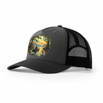 Bayou Cypress Still Water Fishing Club Trucker Hat – Dark Grey Black