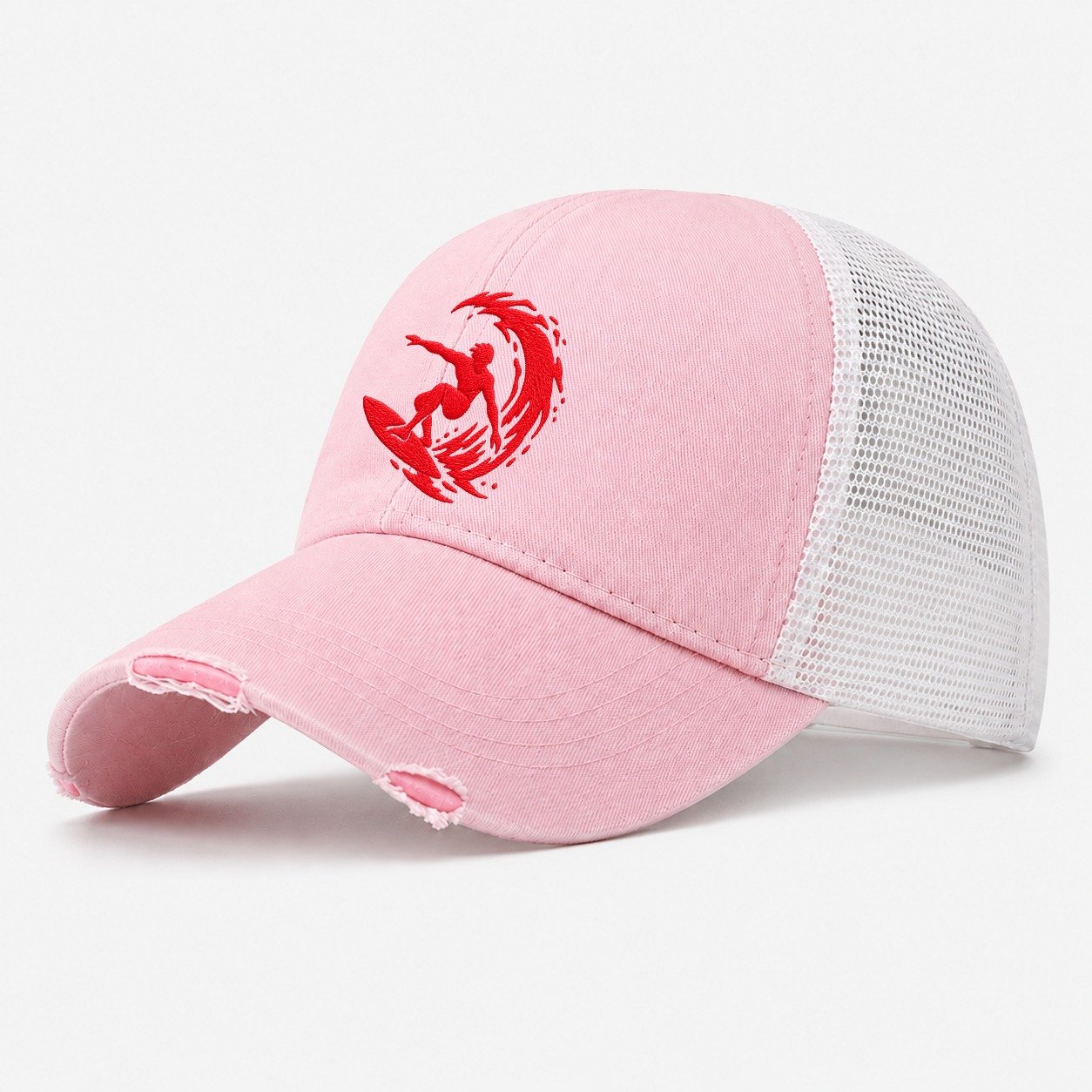 Surfer Bottom Turn Micro Motion Mark Washed Trucker Hat – Light Pink