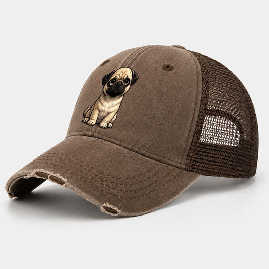 Pug Sitting Sweetheart Washed Trucker Hat – Coffee