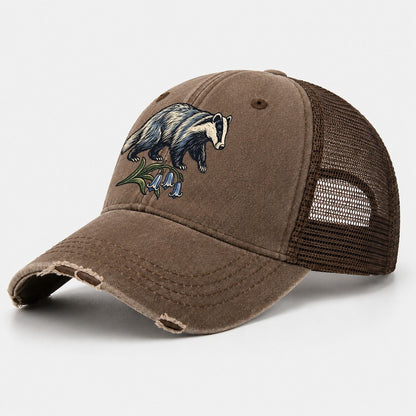 British Badger With Bluebell Sprig Uk Culture Heritage Washed Trucker Hat – Coffee