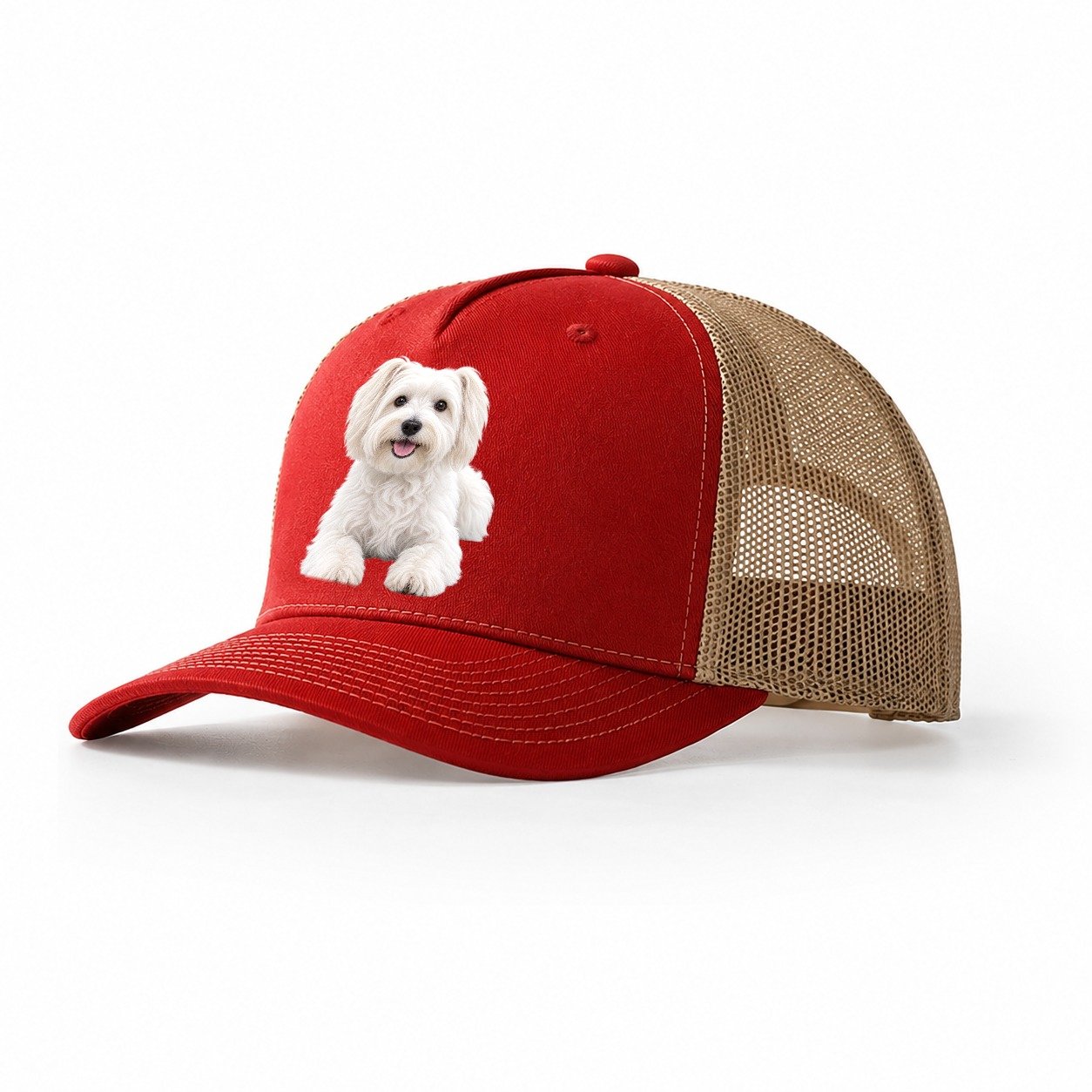 Havanese Sitting Top Breeds Trucker Hat – Red Khaki