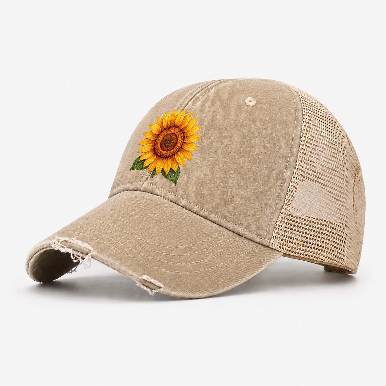 Golden Sunflower Bloom Washed Trucker Hat – Khaki