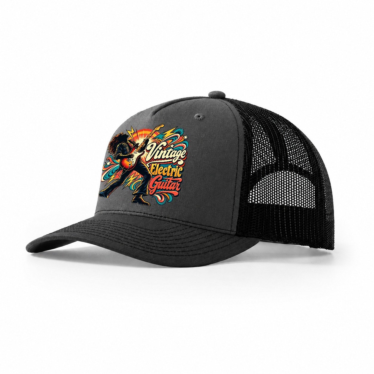 Vintage Electric Guitar Music Instruments Trucker Hat – Dark Grey Black