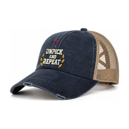 Unpick And Repeat Sewing And Quilting Women's Ponytail Trucker Hat – Navy Khaki