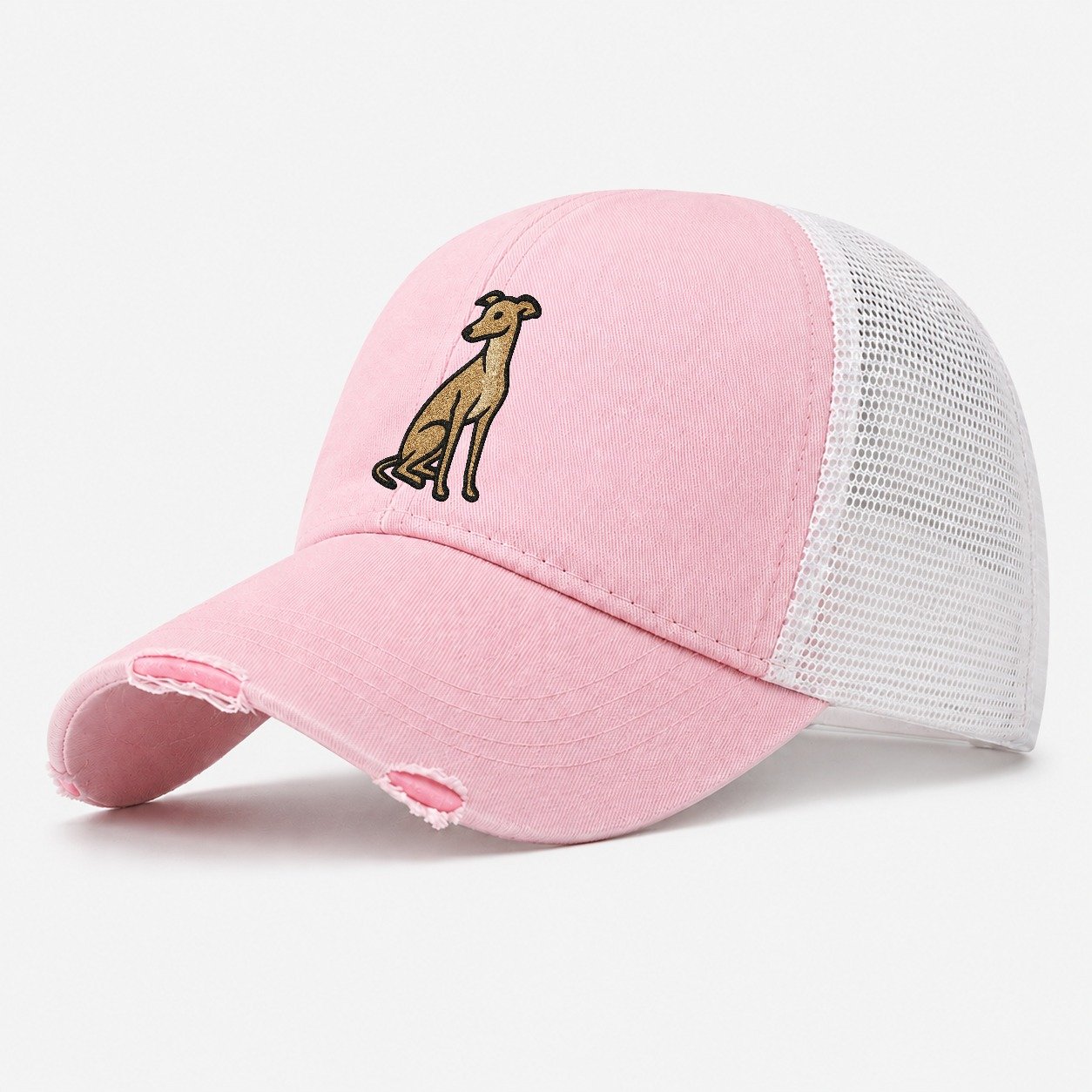 Whippet Fawn Colored Design Washed Trucker Hat – Light Pink