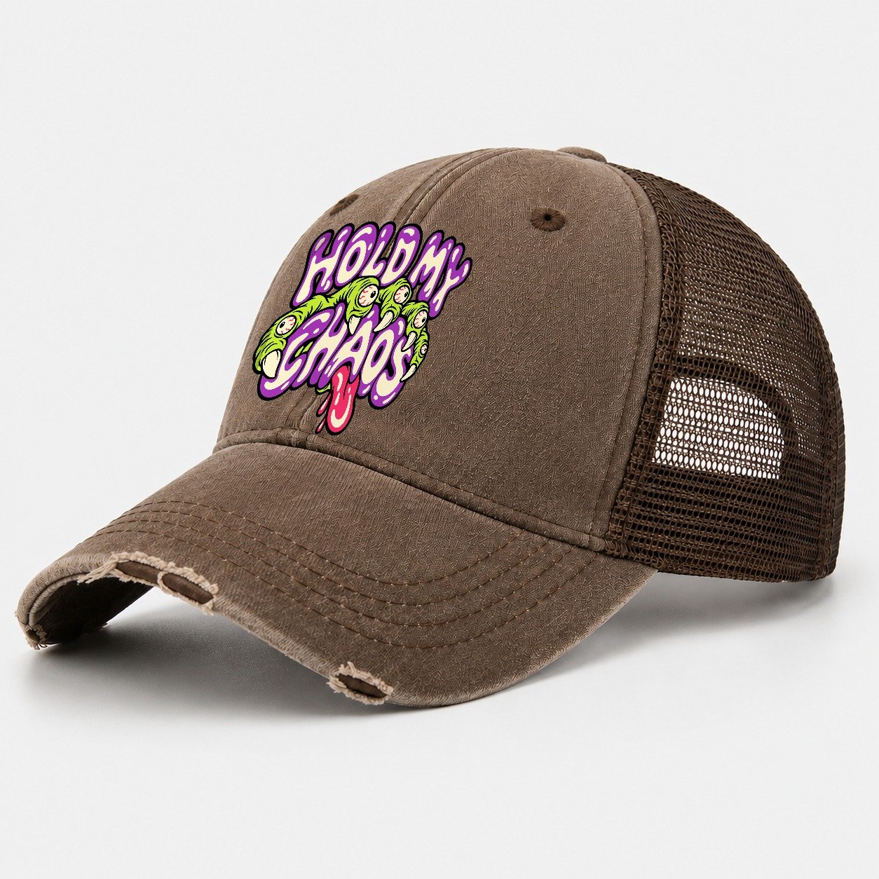 Hold My Chaos Crazy Styles Washed Trucker Hat – Coffee