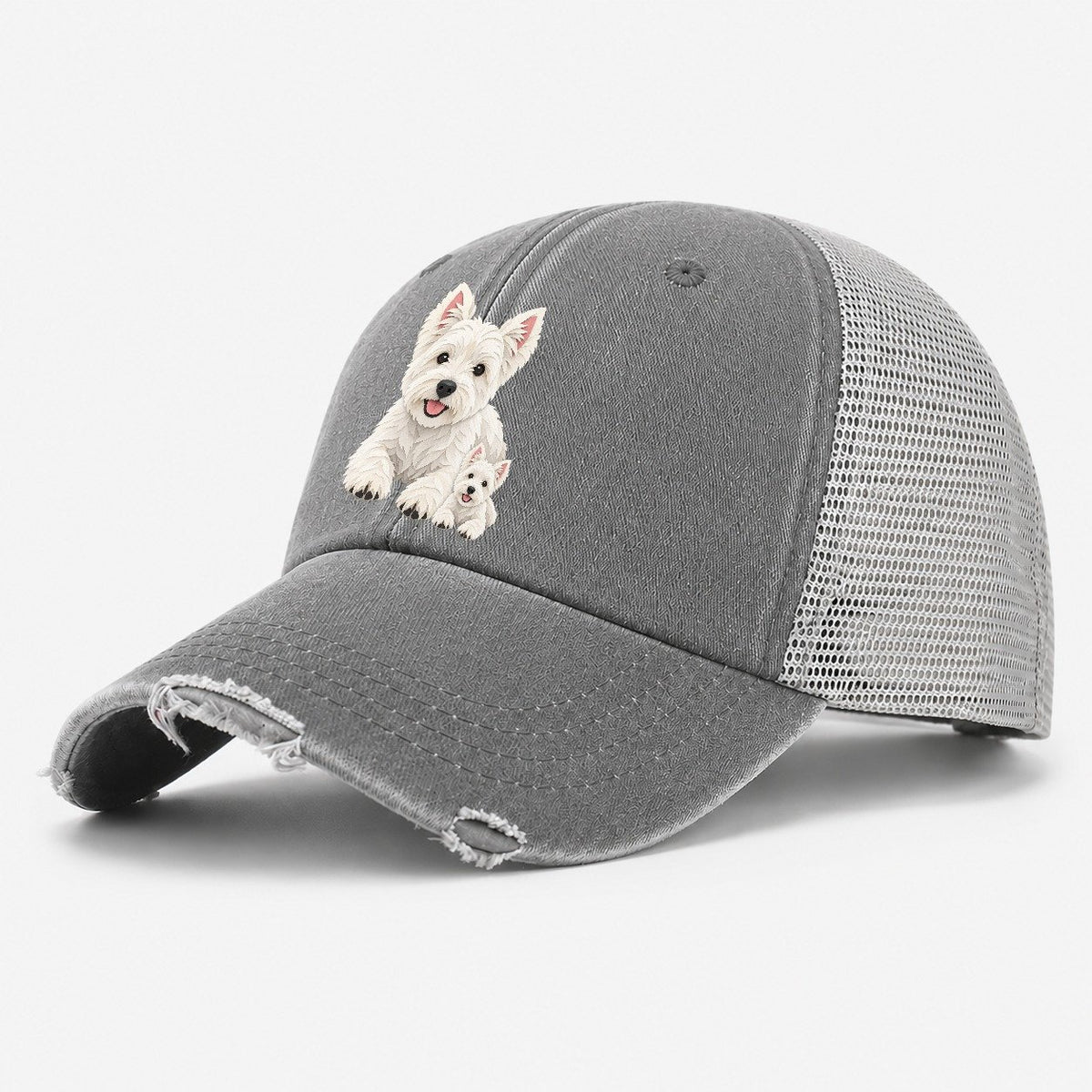 Cut-Paper Westie Lying Down Washed Trucker Hat – Grey