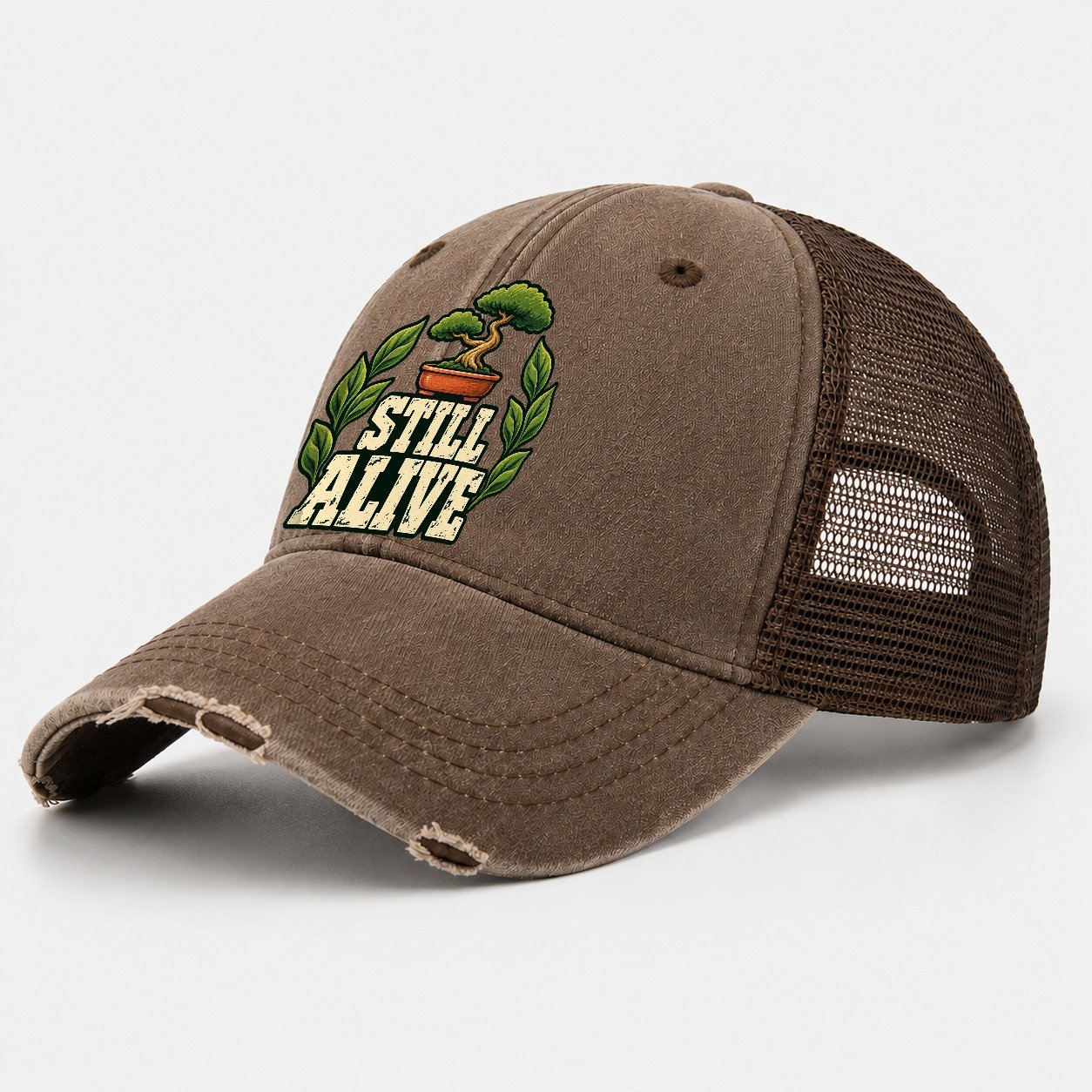 Still Alive Bonsai Washed Trucker Hat – Coffee