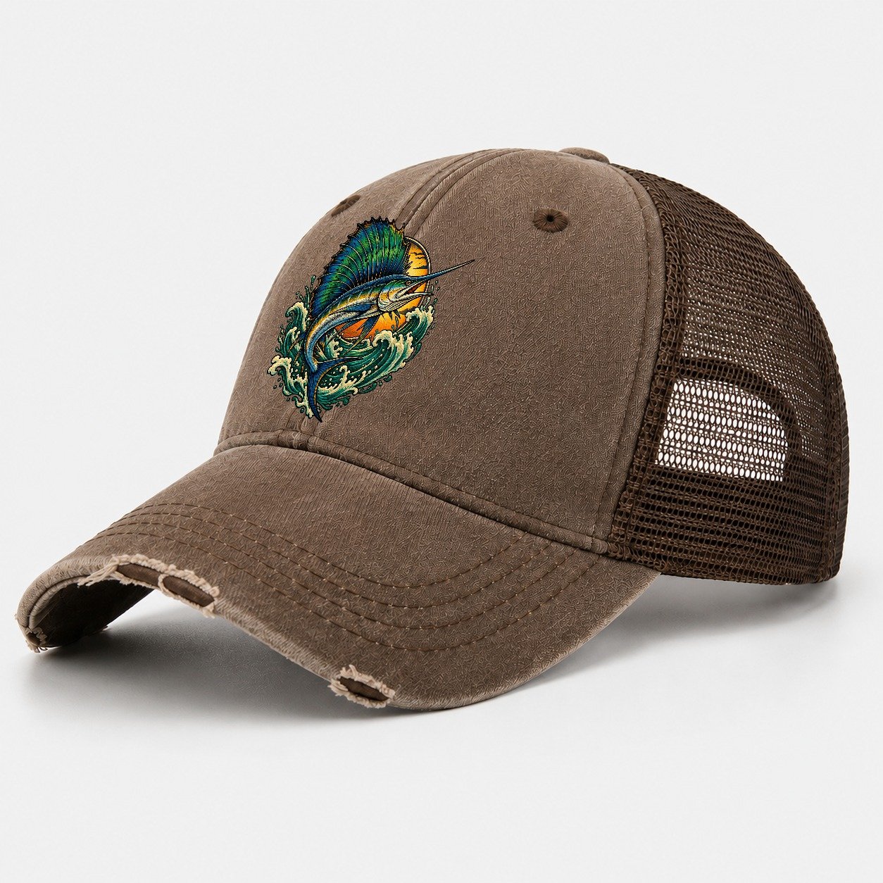 Sailfish Spearhead Fishing Club Washed Trucker Hat – Coffee