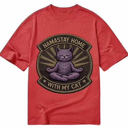 Embroidered Patch Design Namastay Home With My Cat Yoga Cat Classic T-shirt – Red
