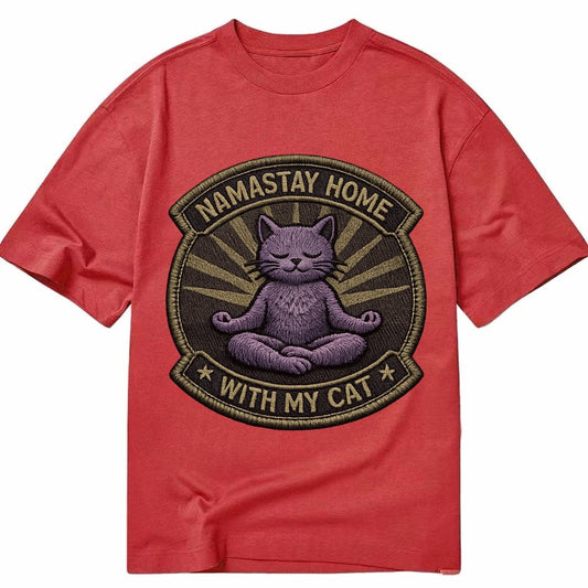 Embroidered Patch Design Namastay Home With My Cat Yoga Cat Classic T-shirt – Red