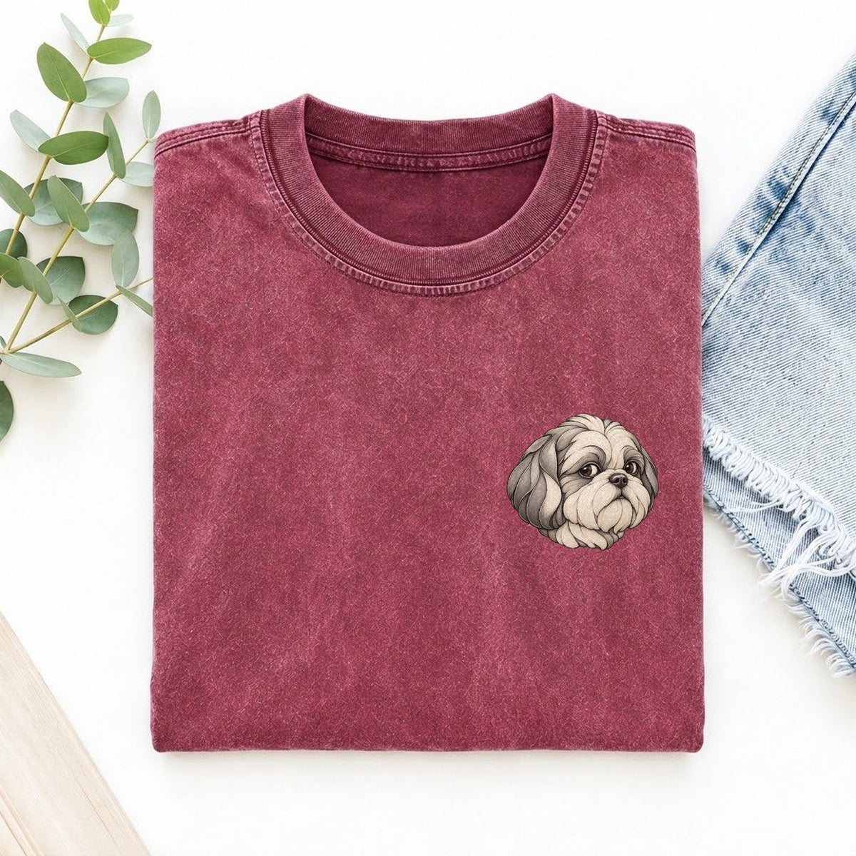 Shih Tzu Side Glance Keepsake Emblem Left Chest Vintage T-shirt – Raspberry