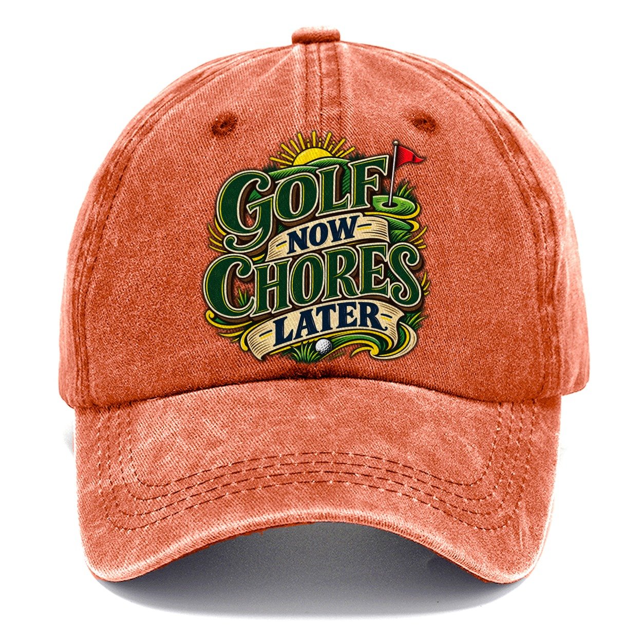 Golf Now Chores Later Retired Living Classic Cap – Terracotta Clay