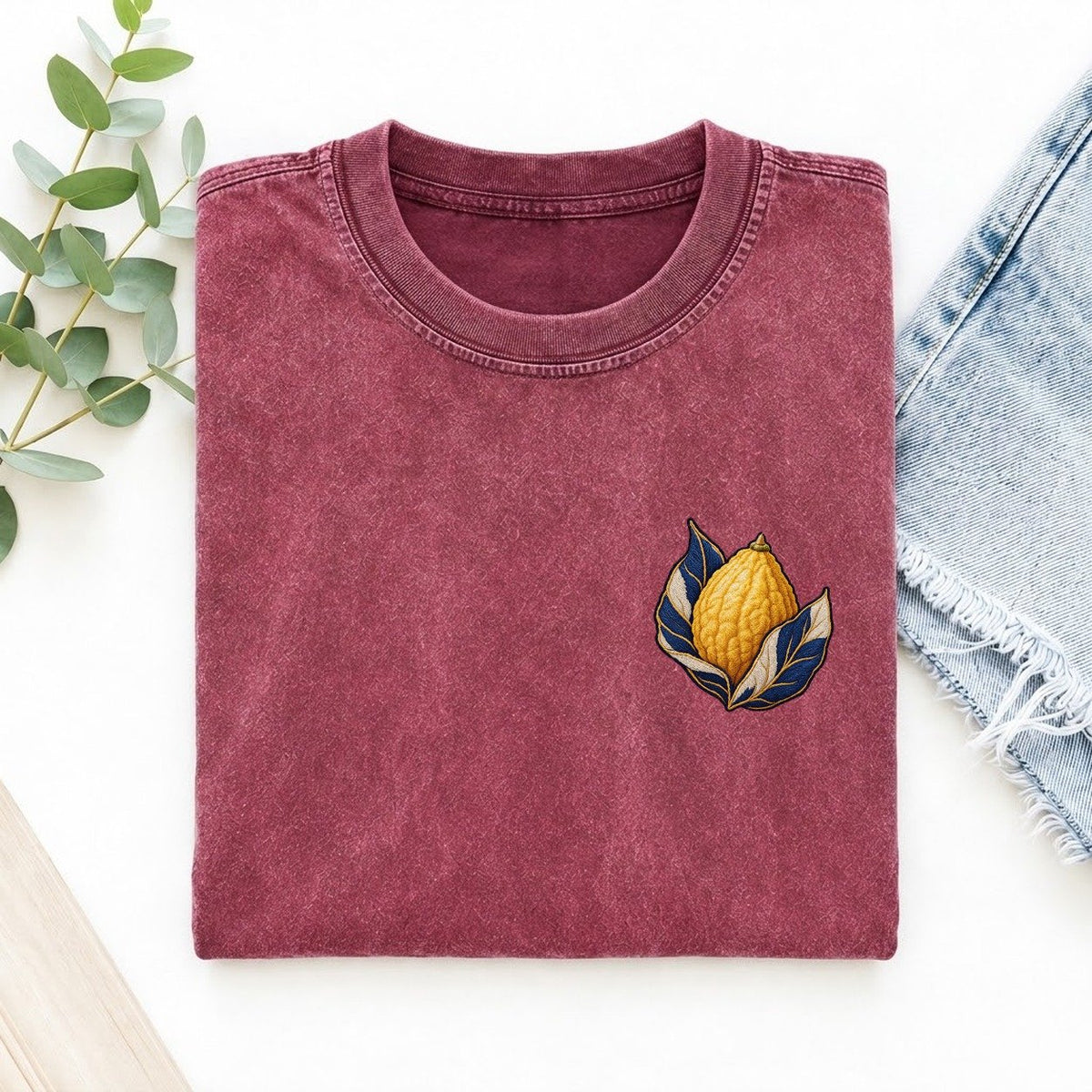 Etrog Leaf Cradle Left Chest Vintage T-shirt – Raspberry