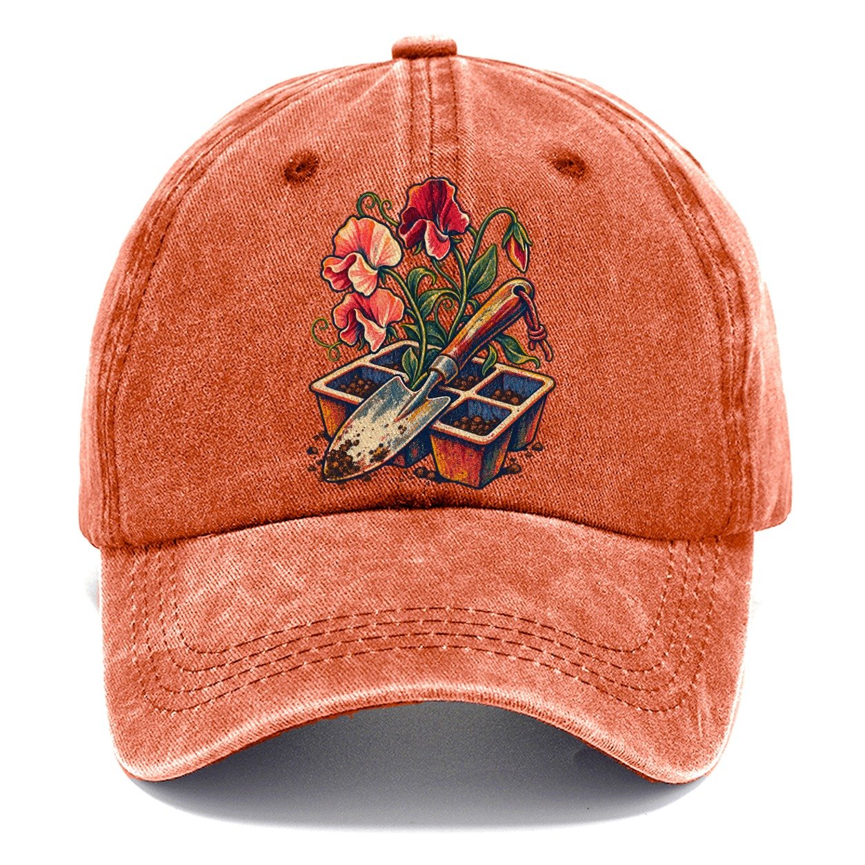 Garden Trowel Seed Tray And Sweet Peas Uk Culture Heritage Classic Cap – Terracotta Clay