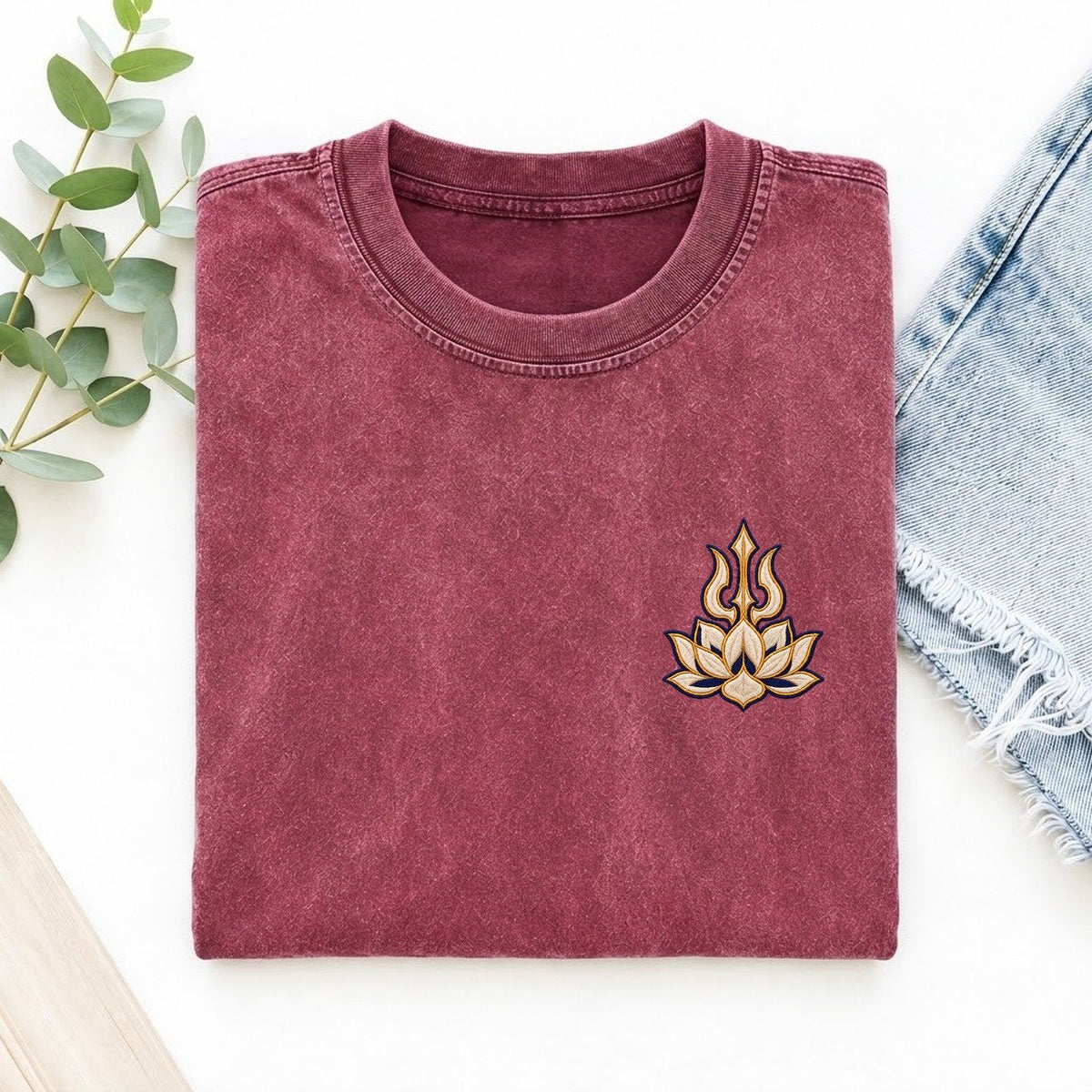 Trishula Lotus Symbol Emblems Left Chest Vintage T-shirt – Raspberry