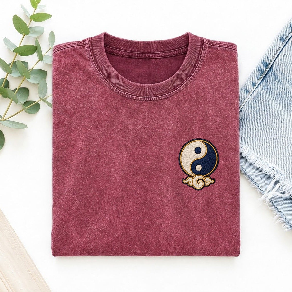 Yin Yang Cloud Symbol Emblems Left Chest Vintage T-shirt – Raspberry