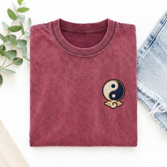 Yin Yang Cloud Symbol Emblems Left Chest Vintage T-shirt – Raspberry