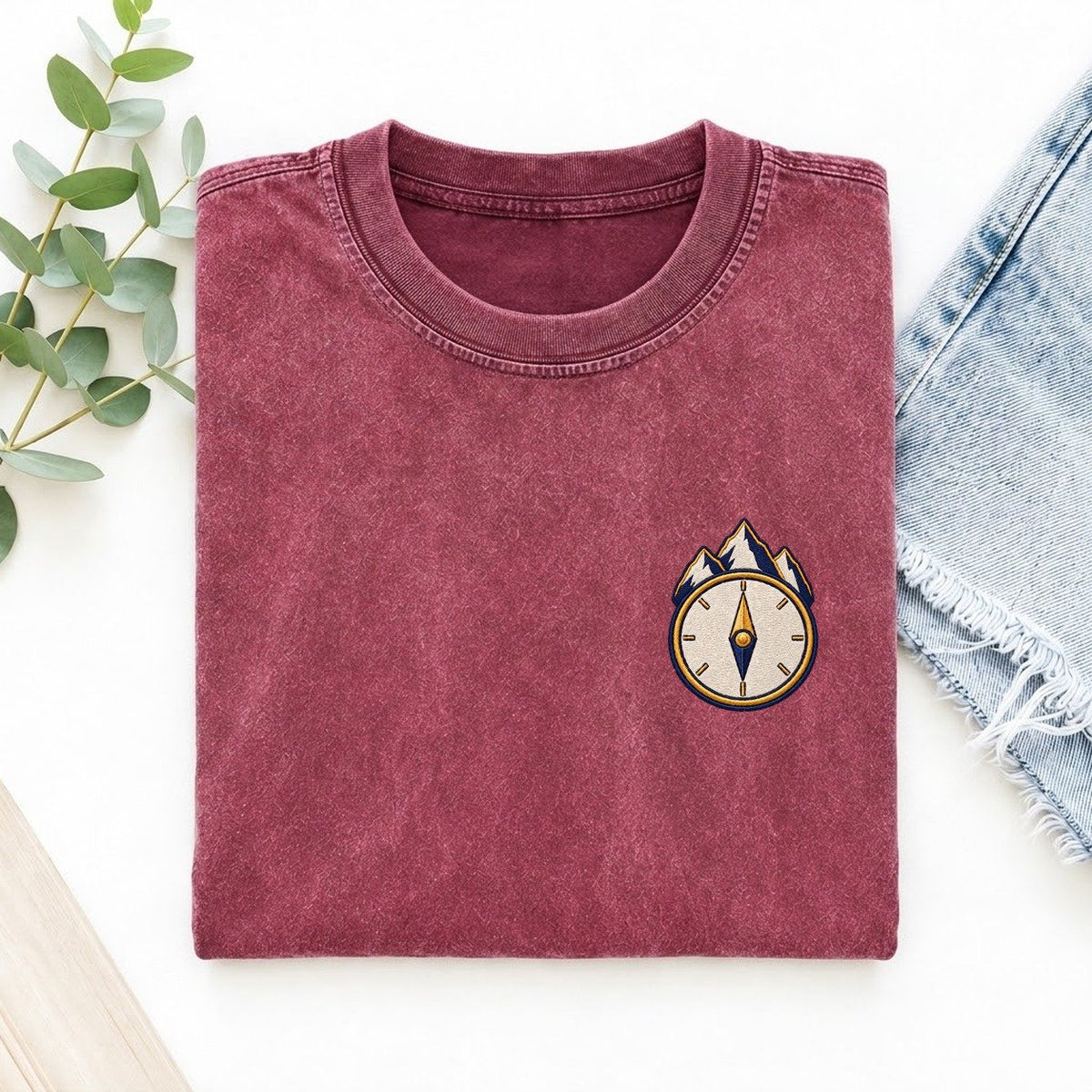 Mountain Compass Symbol Emblems Left Chest Vintage T-shirt – Raspberry