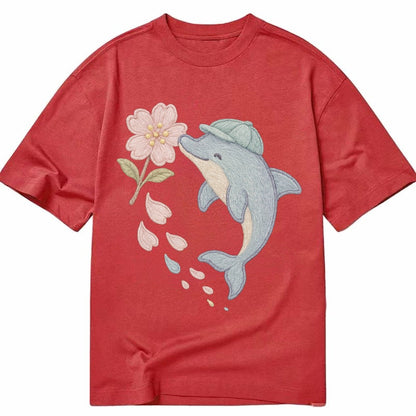 Dolphin Sakura Leap Leaping Through Blossoms Pale Aqua Cap C Classic T-shirt – Red