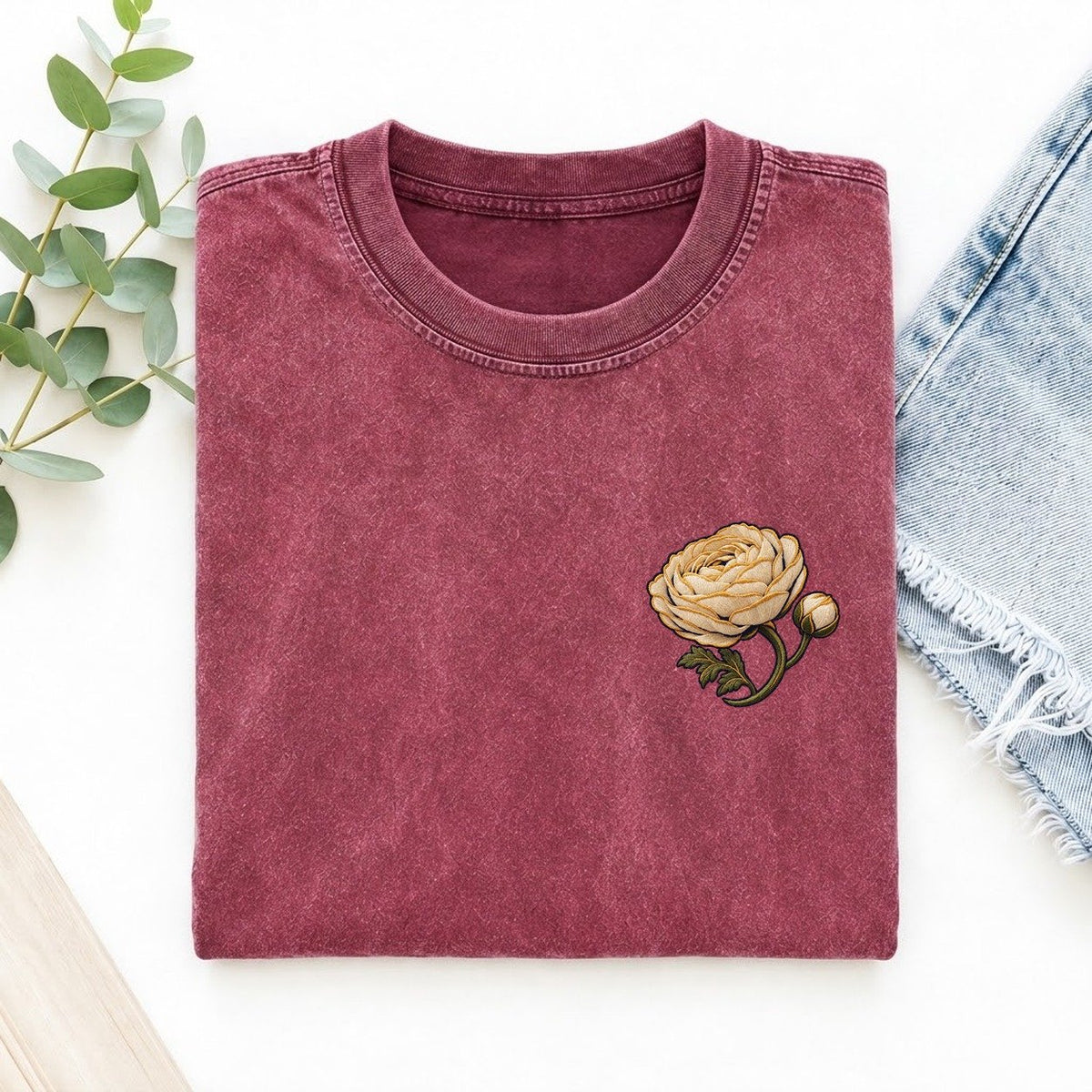 Ranunculus Layered Cup Left Chest Thread Signatures II Left Chest Vintage T-shirt – Raspberry