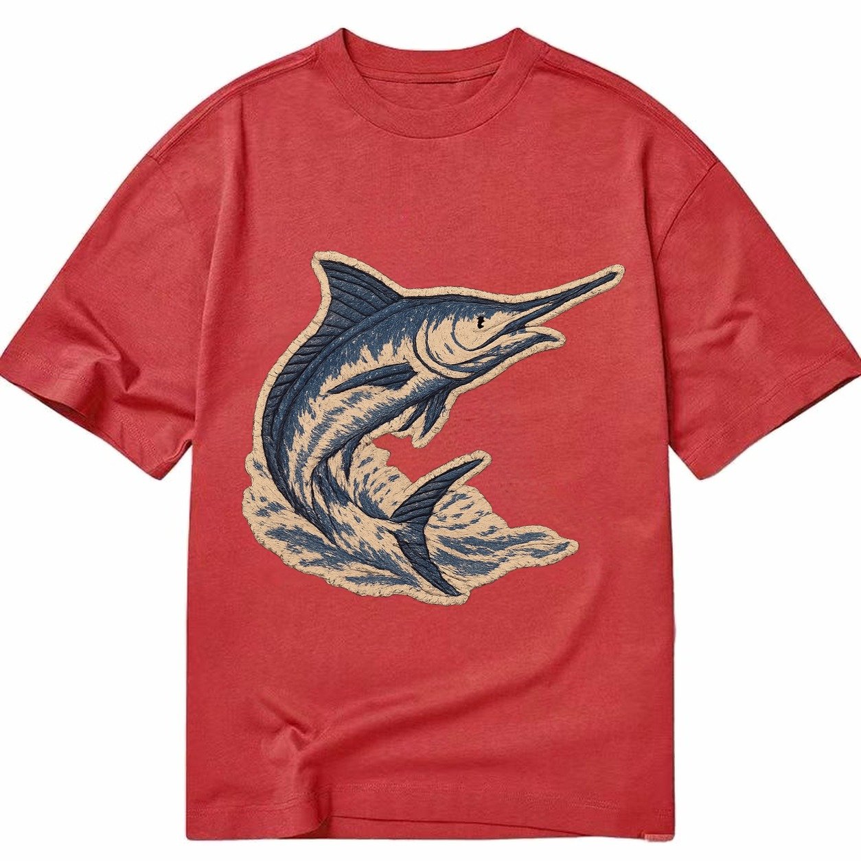 Embroidered Patch Design Swordfish Marlin Leaping Marlin In Classic T-shirt – Red