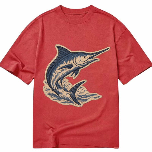 Embroidered Patch Design Swordfish Marlin Leaping Marlin In Classic T-shirt – Red