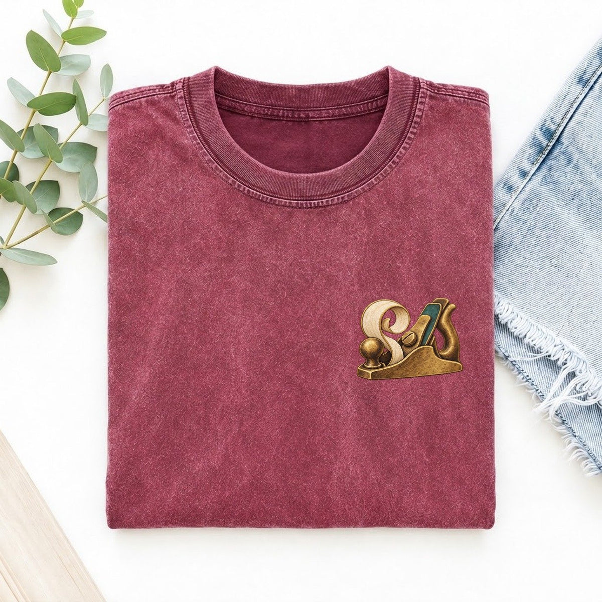 Wood Plane Shaving Keepsake Emblem Left Chest Vintage T-shirt – Raspberry