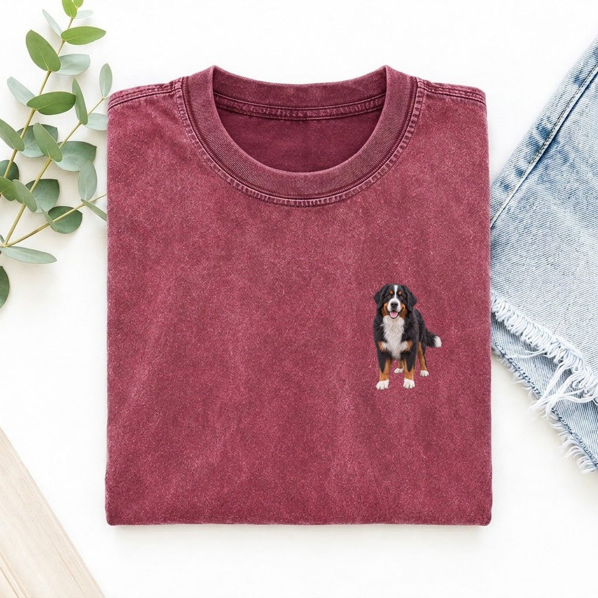 Bernese Mountain Dog Standing Left Chest Vintage T-shirt – Raspberry