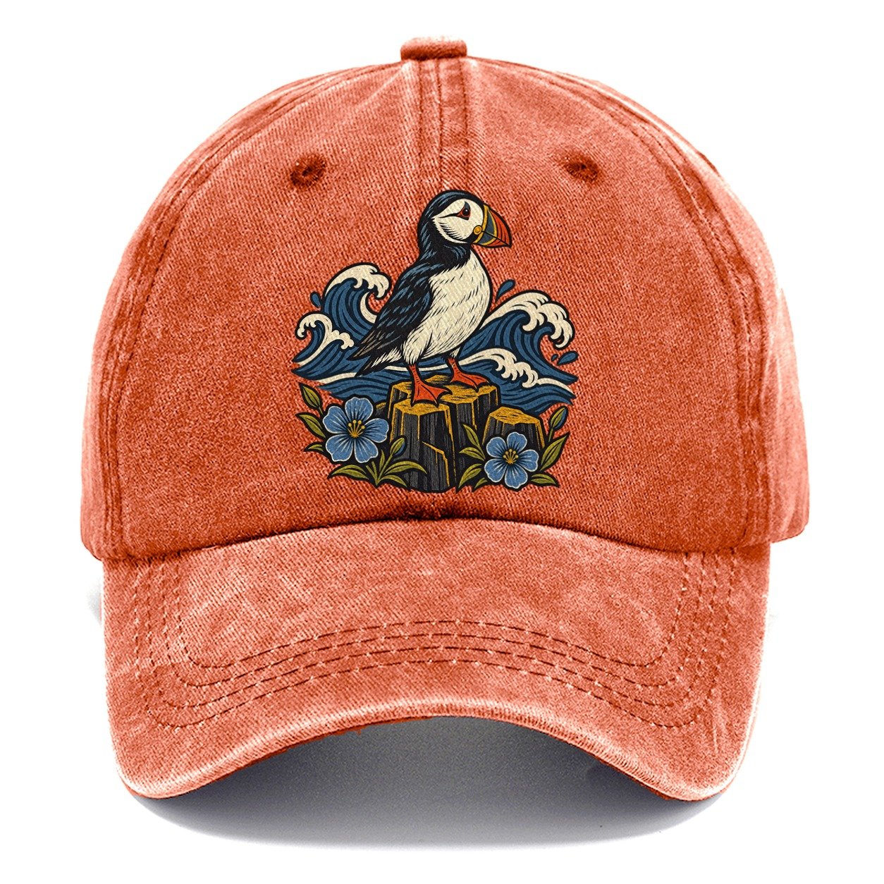 Causeway Coast Puffin And Flax Flowers Uk Culture Heritage Classic Cap – Terracotta Clay