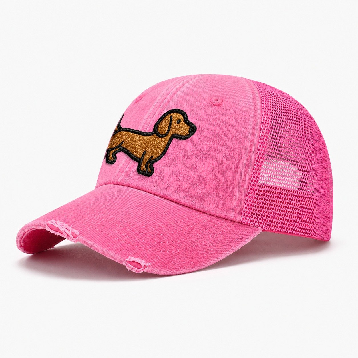Dachshund Modern Elongated Silhouette Washed Trucker Hat – Rose
