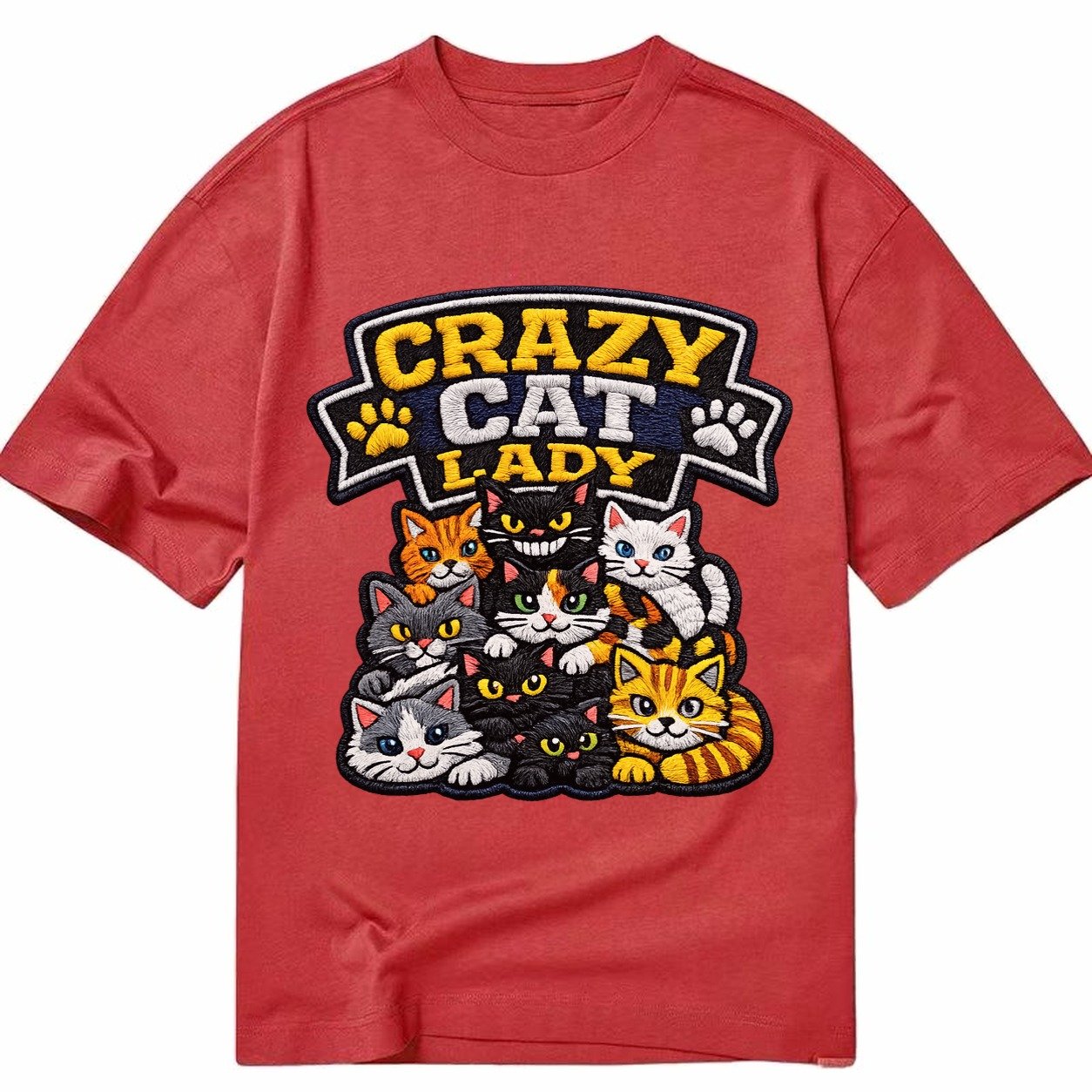 Embroidered Patch Design Crazy Cat Lady Cat Pile In Multicol Classic T-shirt – Red