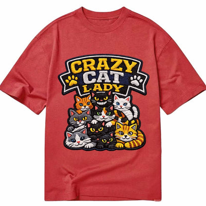 Embroidered Patch Design Crazy Cat Lady Cat Pile In Multicol Classic T-shirt – Red